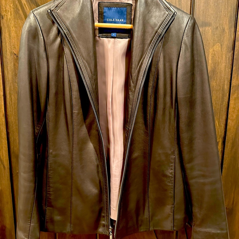 Cole Haan Size S Stand Collar 100% Lambskin Leather Moto Jacket Black